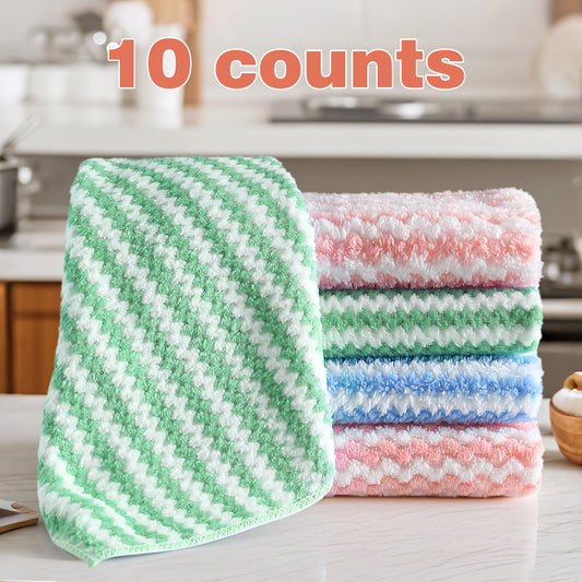 10 Counts Microfiber Cleaning Cloth, Kitchen Towels Absorbent Streak Free Cleaning Towels for Dish Drying Washing, 9.84" x 9.84" Striped Washable and Reusable Towels Random Color