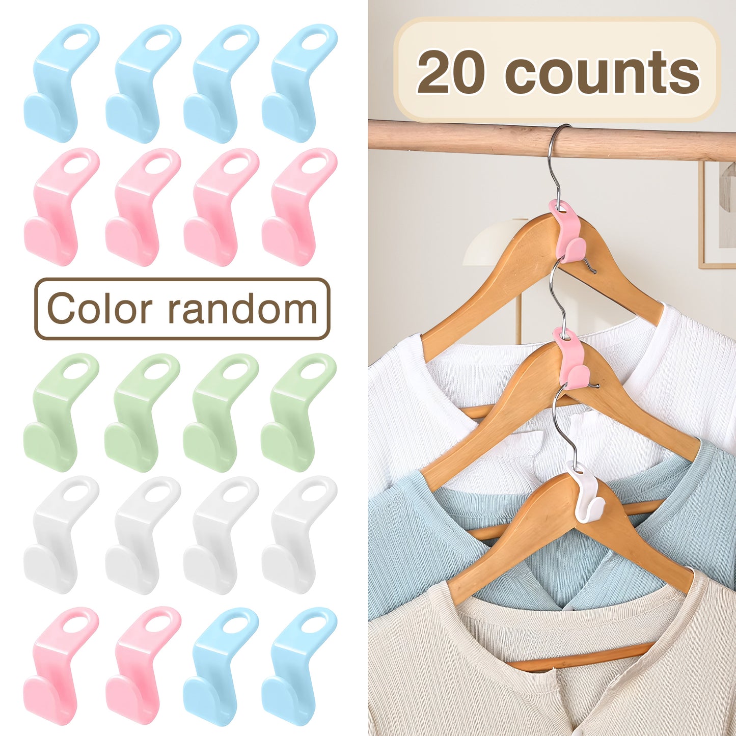 20 Counts Hanger Connector Hooks, Hangers Space Saving Hooks, Clothes Hanger Connector Hooks, Multiple Random Colors