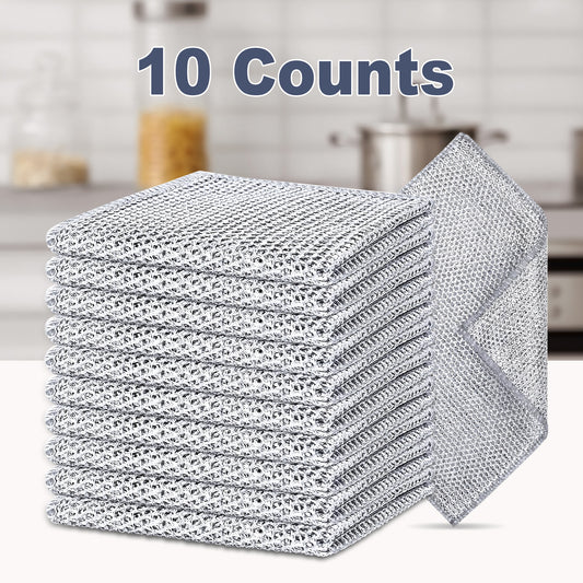 10 Counts Multipurpose Wire Dishwashing Rag, Double Layer Multipurpose Fiber Cleaning Cloth, Wire Miracle Cleaning Cloths Metallic Dish Cloths for for Wet and Dry Washing