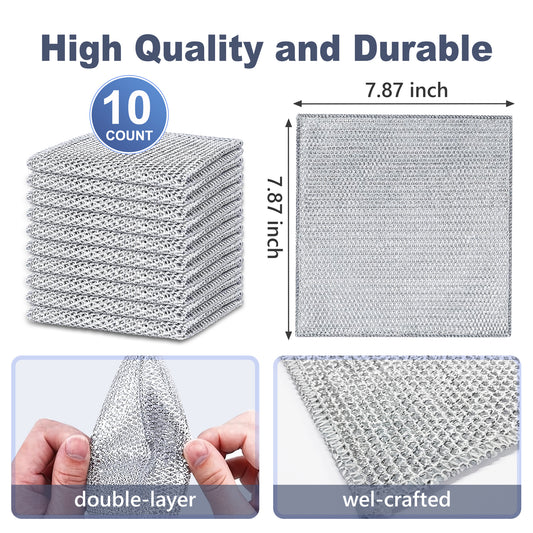 10 Counts Multipurpose Wire Dishwashing Rag, Double Layer Multipurpose Fiber Cleaning Cloth, Wire Miracle Cleaning Cloths Metallic Dish Cloths for for Wet and Dry Washing